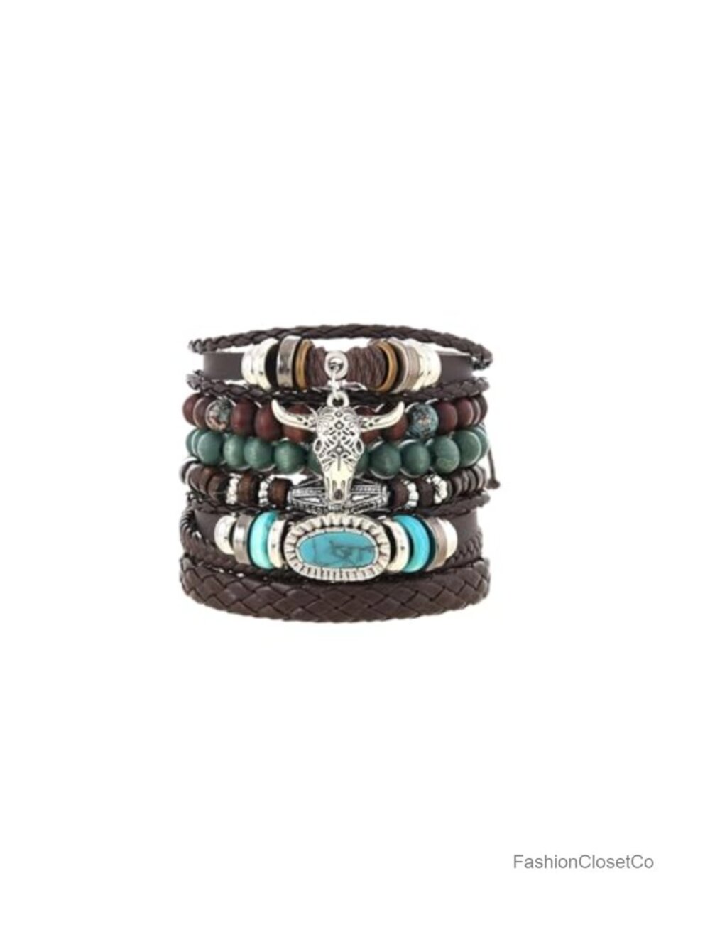 Handcrafted Leather Turquoise Cow Head Charm Stretch Bracelet